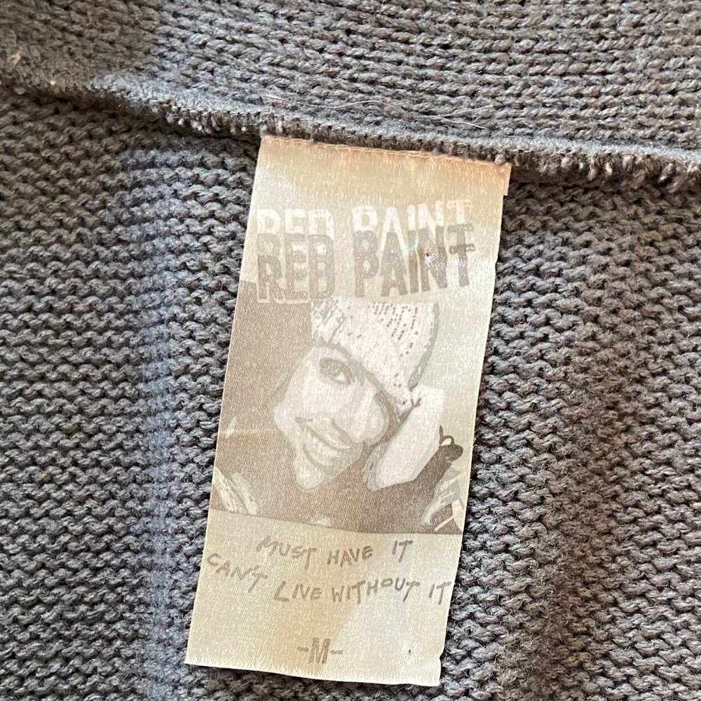 3/$12 Vintage Red Paint y2k shrug Cable Knit Open Front Sweater Vest Gray Medium - Picture 7 of 8